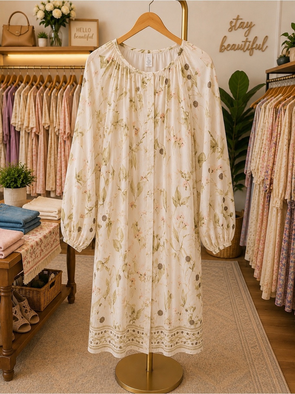 NWOT H&M Cream Floral Button-Front Long-Sleeve Midi Dress